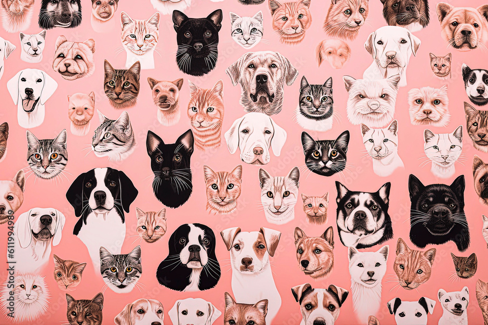 Generative AI background illustration of cats and dogs in illustration style Generative AI background illustration of cats and dogs in illustration style