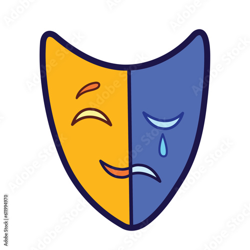 Colored yellow orange and blue performance expression half happy and sad vector icon illustration isolated on square white background. Simple flat outlined minimalist cartoon art styled drawing.