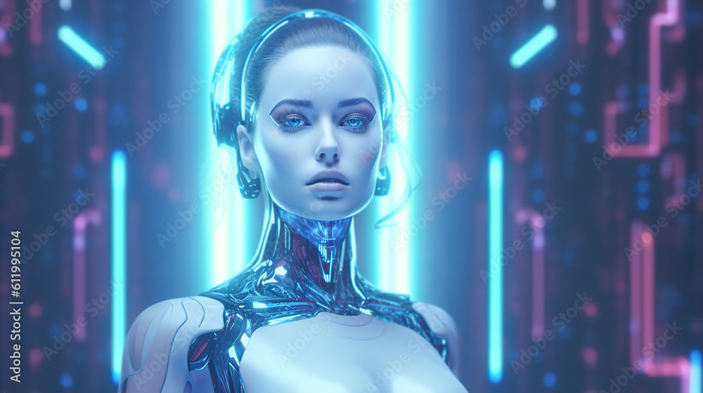 Portrait of cyborg woman robot. Science, technology, future and AI concept.