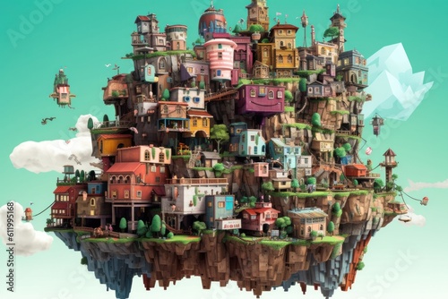 Whimsical world of pixel art landscapes, nostalgic of classic video games. Generative AI