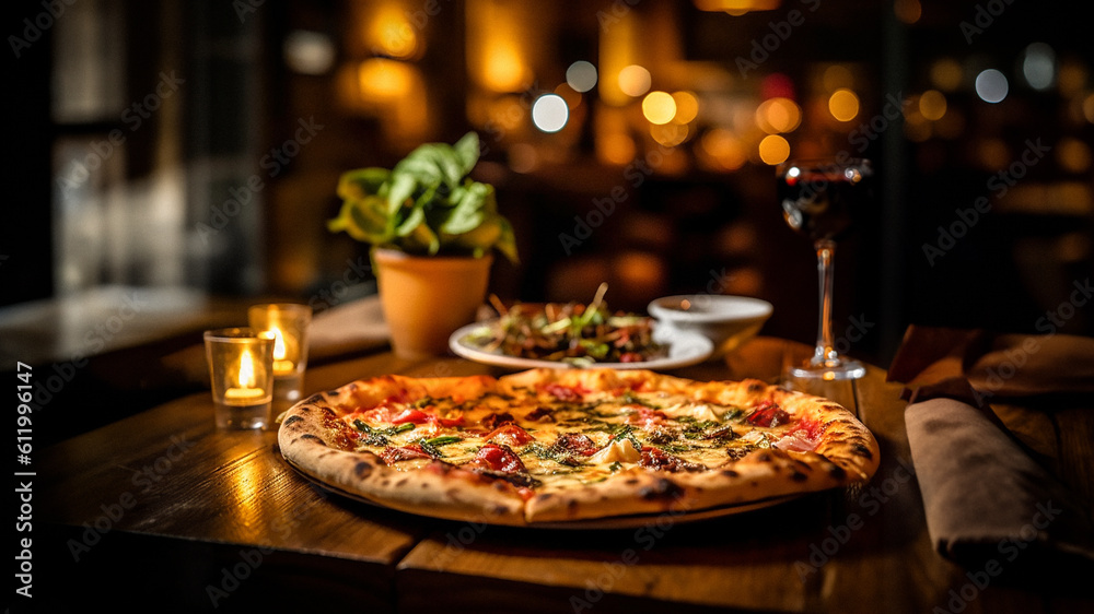 Tasty vegetable pizza and salad, dimly lit restaurant, wooden table and bokeh. Hot pizza. With copy space for text. Banner.