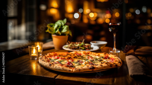 Tasty vegetable pizza and salad  dimly lit restaurant  wooden table and bokeh. Hot pizza. With copy space for text. Banner.