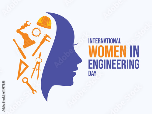International Women in Engineering Day vector illustration. Woman face in profile purple silhouette vector. Woman engineer symbol. Female engineer graphic design element. June 23. Important day
