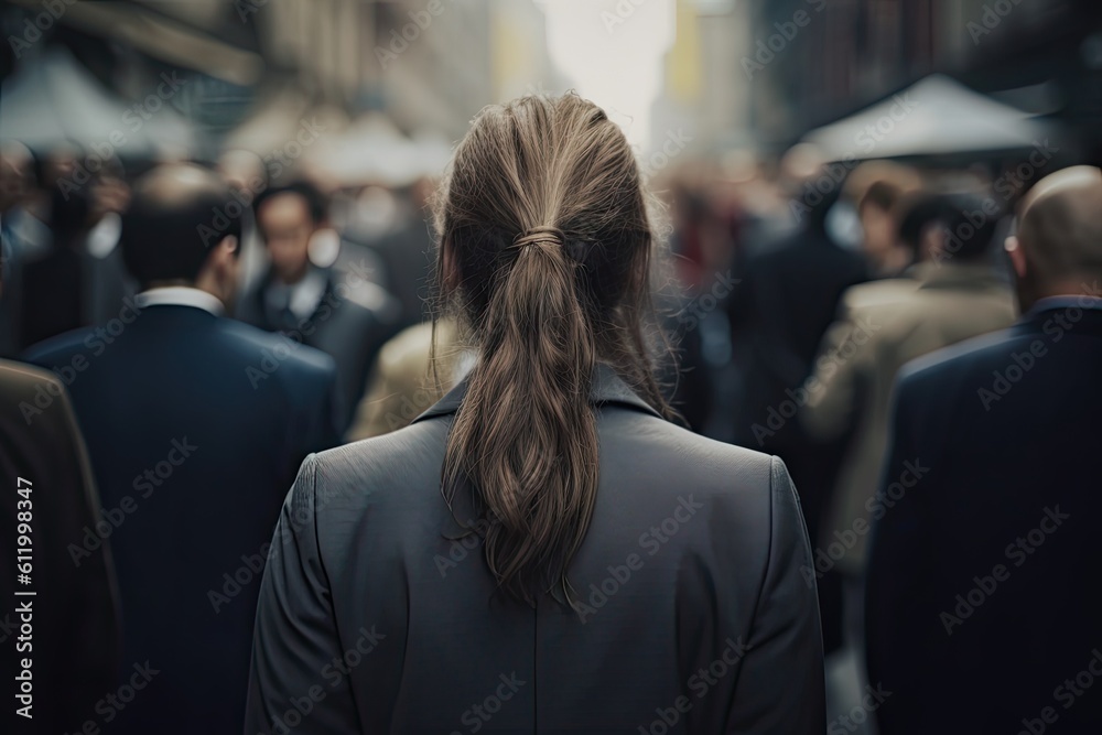 Urban professional. Young businesswoman walking on city street. Modern woman in a suit on blur busy streets background