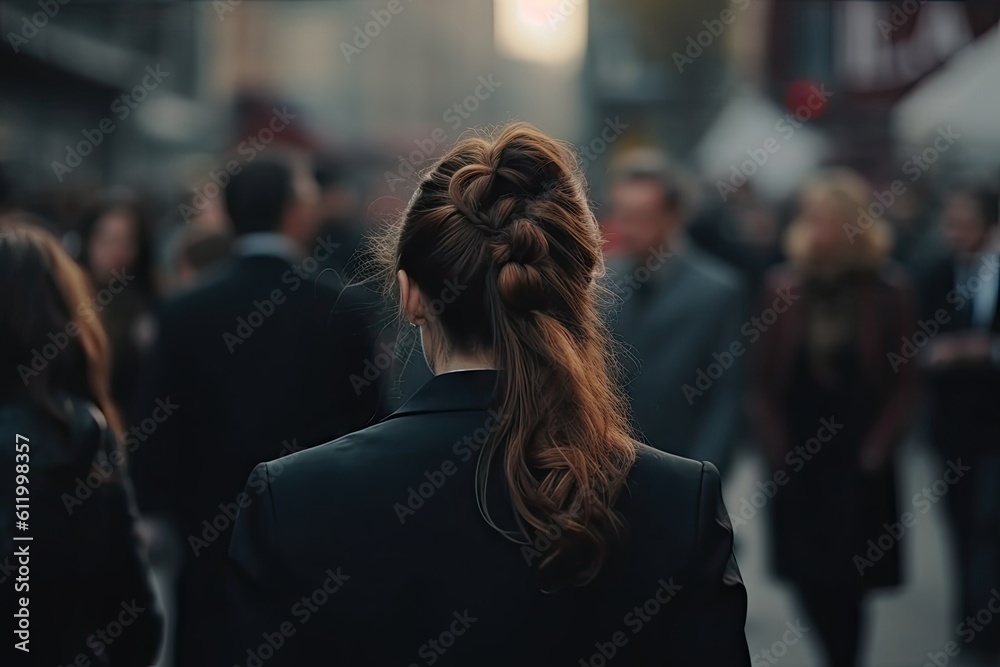 Urban professional. Young businesswoman walking on city street. Modern woman in a suit on blur busy streets background Urban professional. Young businesswoman walking on city street. Modern woman in a suit on blur busy streets background