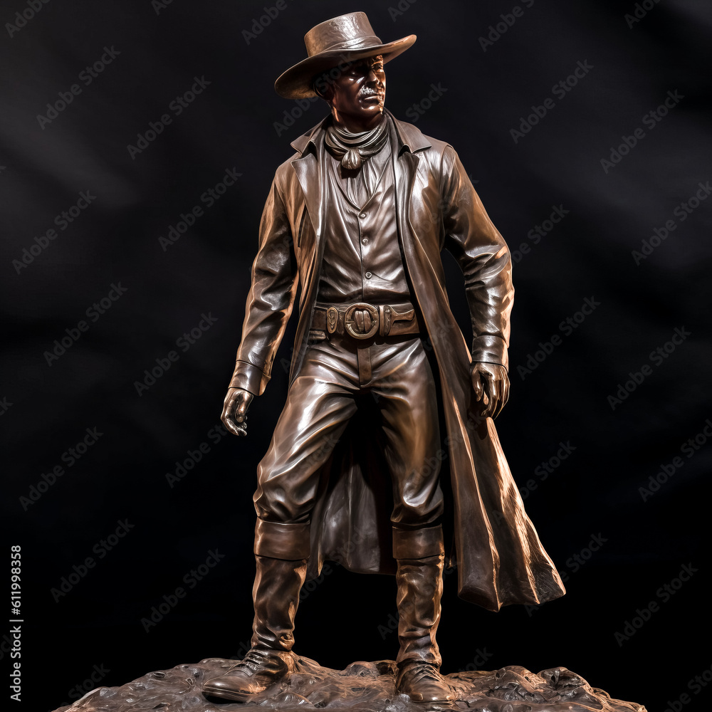 A vibrant bronze statue of a cowboy stands tall, arms crossed, surveying the area. - generative ai. A vibrant bronze statue of a cowboy stands tall, arms crossed, surveying the area. - generative ai.