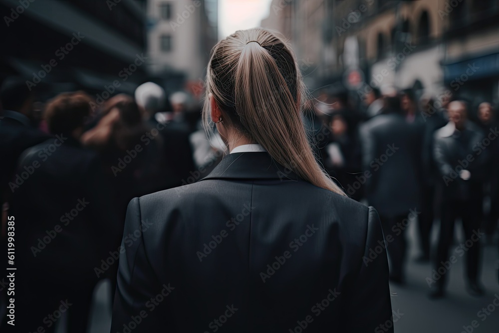 Fototapeta premium Urban professional. Young businesswoman walking on city street. Modern woman in a suit on blur busy streets background