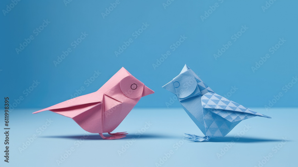 Cute Blue and Pink Origami Birds Couple in Love. Illustration of Lovebirds and Romance. With Licensed Generative AI Technology Assistance. 