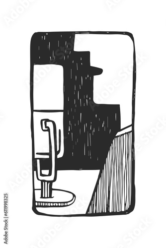 Vector hand-drawn illustration of face with microphone. Logo for the podcast. Radio host in the studio.