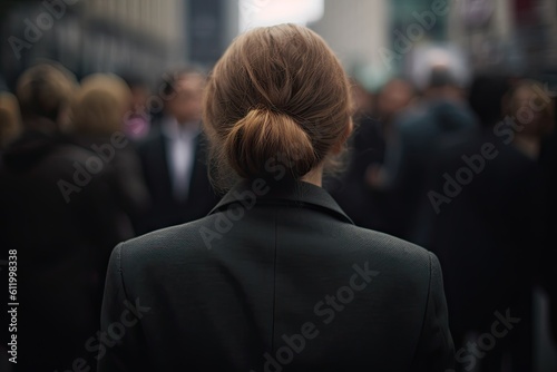Urban professional. Young businesswoman walking on city street. Modern woman in a suit on blur busy streets background