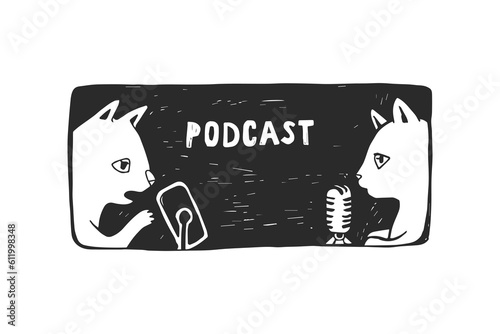 Vector hand-drawn illustration with two funny cats with microphones. Cute cartoon characters leading podcast.