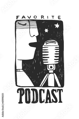 Vector hand-drawn illustration of a face  with microphone. Logo for the podcast. Radio host in the studio.