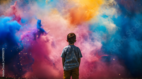 Boy standing in colorful smoke and sun rays