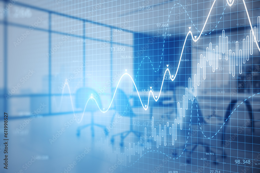 Creative glowing candlestick forex chart on blue blurry office interior background. Double exposure. Creative glowing candlestick forex chart on blue blurry office interior background. Double exposure.