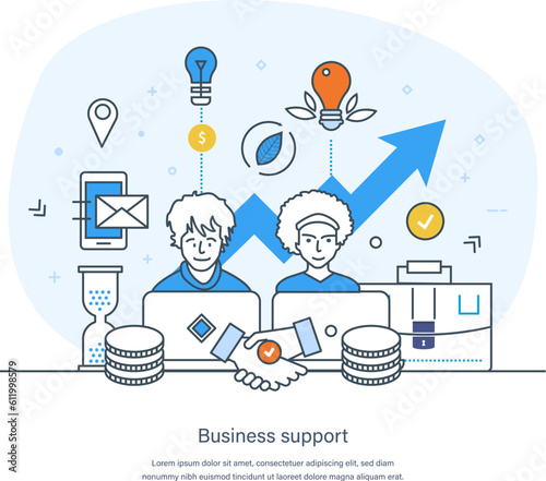 Business support and protection for business success, growing revenue, growth and goal achievement. Supporting, insurance, investment concept ion thin line design of vector doodles