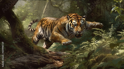 Tiger chasing prey in wide forest  Generative Ai