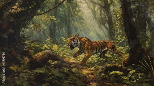 Tiger chasing prey in wide forest, Generative Ai