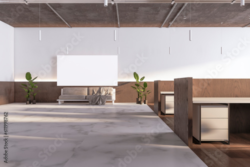 Modern concrete and wooden coworking office interior with blank white mock up banner and daylight. 3D Rendering.