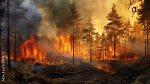 An AI generated illustration of a forest where a big fire is burning. Since it rained too little, everything was dry and a fire started due to careless people.