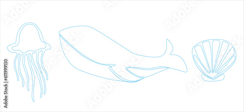 Jellyfish, whale, shell drawn in one line  vector