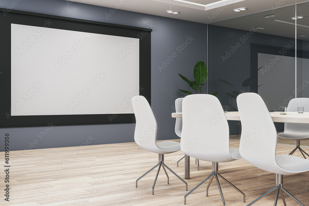 Clean luxury meeting room interior with furniture, wooden flooring and decoration plant. Mock up place on white screen banner. 3D Rendering. Clean luxury meeting room interior with furniture, wooden flooring and decoration plant. Mock up place on white screen banner. 3D Rendering.