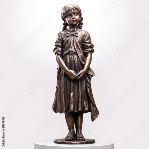 A bronze statue of a young girl stands atop a pedestal, arms outstretched in a pose of power and strength. - generative ai\n