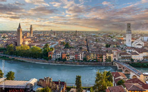 Verona, Italy. Aerial view at sunset from the hill of San Pietro.