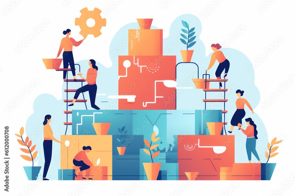 A group of people work together as team work concept flat illustration background.