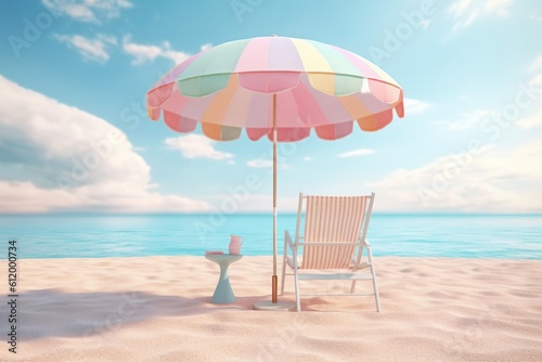 Cute color of umbrella and beach chair at summer tropical beach background.