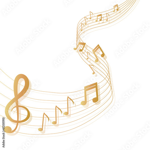 Musical background with clef and notes and 3D effects in gold tone