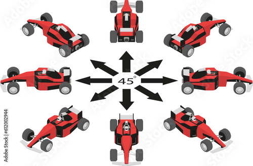 Rotation of racing car by 45 degrees. Red sport car with pilot in different angles in isometric view.
