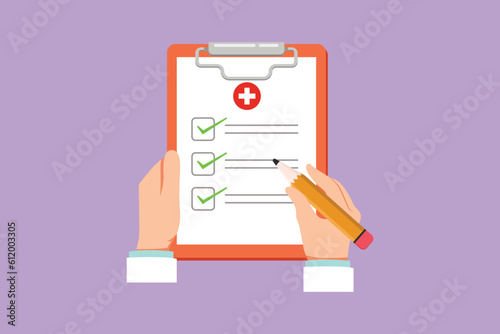 Cartoon flat style drawing clipboard in hand doctor. Doctor takes notes in clipboard with pen or pencil. Medical report background. Patient care check list template. Graphic design vector illustration