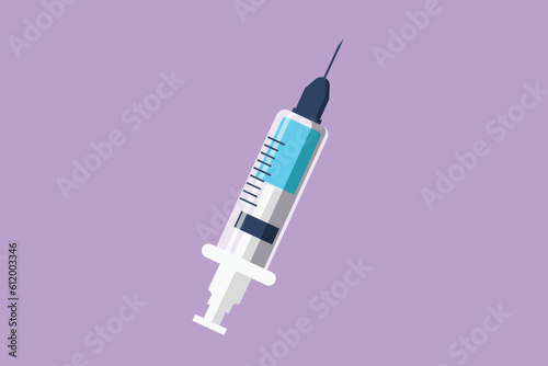 Character flat drawing of stylized medical disposable syringe with needle logo. Applicable for vaccine injection, vaccination equipment. Plastic syringe with needle. Cartoon design vector illustration