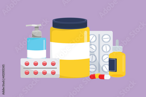 Graphic flat design drawing of medical concept. Cold, flu, cough preparations: medicinal syrup, nose spray, throat spray, pills, capsules isolated on blue background. Cartoon style vector illustration