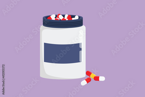 Cartoon flat style drawing pill bottle logo, symbol. Medical capsules container. Tablet pills medical drug pharmacy care and tablet pills antibiotic pharmaceutical. Graphic design vector illustration