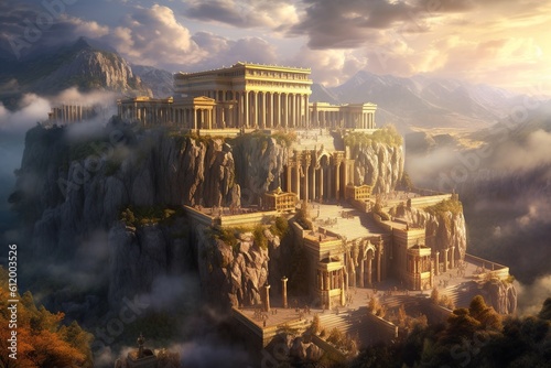 Illustration of Mount Olympus with grand temples and mythical creatures, modern aesthetic.