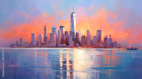 Watercolor panorama of city skyline. Generative AI. © Hanna