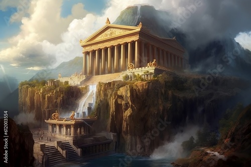 Illustration of Mount Olympus with grand temples and mythical creatures, modern aesthetic.