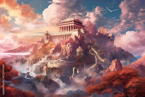 Illustration of Mount Olympus with grand temples and mythical creatures, modern aesthetic.