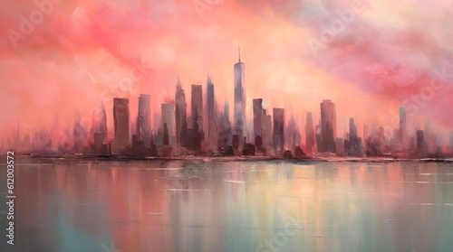 Watercolor panorama of city skyline at sunset. Generative AI.