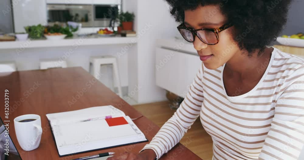 Woman, laptop and typing with remote work, face or social media management on website in home. Female content creator, digital entrepreneur and computer in house for blog, app or planning in portrait