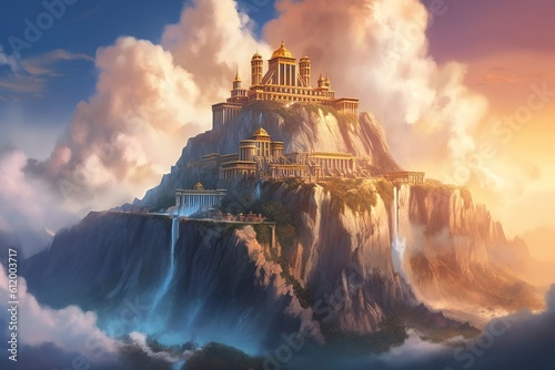 Illustration of Mount Olympus with grand temples and mythical creatures, modern aesthetic.