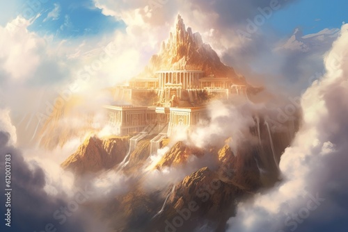 Illustration of Mount Olympus with grand temples and mythical creatures, modern aesthetic.