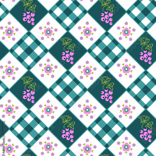 Seamless pattern with checkered rhombus and rhombus decorated by flowers 