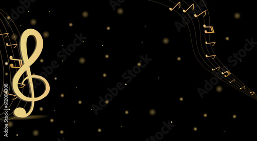 Musical background with clef and notes and 3D effects in gold tone on black background