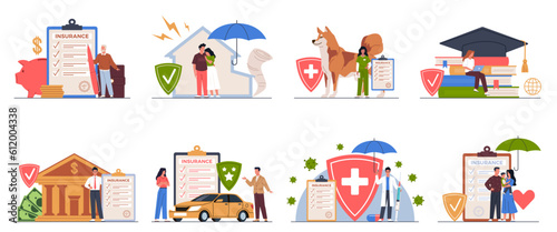 Accident insurance. Financial investments in different life spheres, people take care of property, health and pets. Safety shield and document. Cartoon flat style isolated nowaday vector concept
