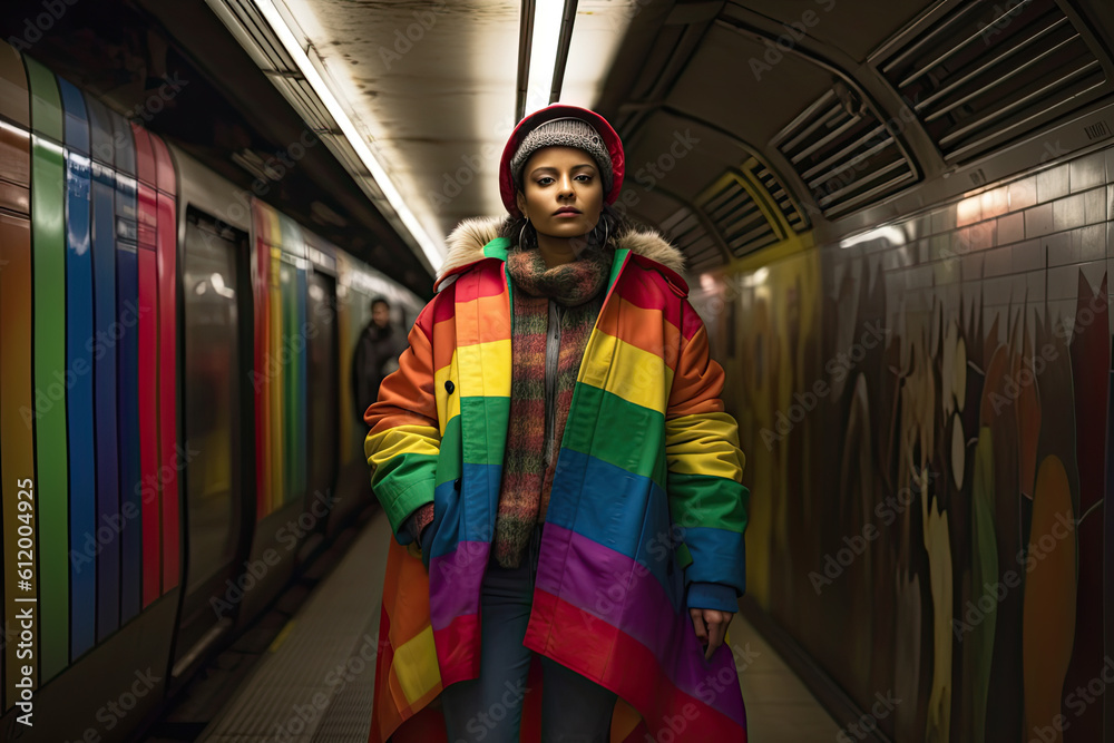 Young woman dressed in rainbow coat standing at the metro station, LGBTQ concept, Generative AI Young woman dressed in rainbow coat standing at the metro station, LGBTQ concept, Generative AI