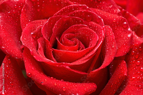 Red rose flower with droplets very close up. Macro photo of rose petals, red floral romantic background