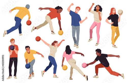 Bowling club people. Happy visitors characters of entertainment center, men and women roll balls, persons break skittles, girls and boys in active pose, cartoon flat style tidy vector set