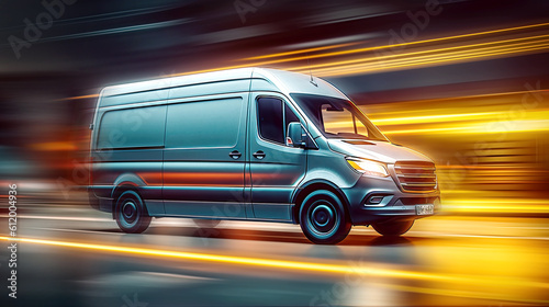 Spedition van with glowing lights around at fast delivery ride. Postproducted generative AI illustration.